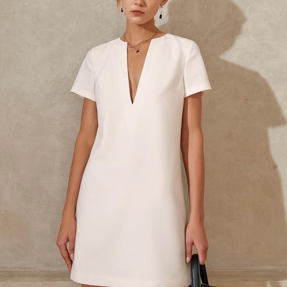 White Sheath Mini Dress with Plunge Neckline